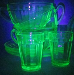 Lot Of 11 Pieces! Vintage URANIUM Depression Glass, Includes Shot Glasses Cups Bottle, GREEN Color