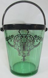 Vintage ELEGANT Depression Glass, ICE BUCKET With Bail, Sterling Silver Overlay Pattern, GREEN Color, Appx 6'