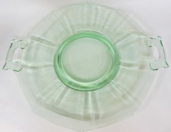 Vintage ELEGANT Depression Glass, HANDLED Cake SERVING Plate, GREEN Color, Appx 12'