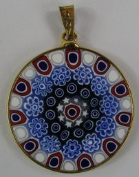 Signed AMV, Contemporary DROP Pendant, Faux Mille Fleurs, Tonal Blue Color, Sterling .925 Silver Setting