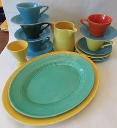 Set Of 17 Pieces! Vintage HOMER LAUGHLIN Brand, Colorful HARLEQUIN Pattern, Platters, Pitcher, Cups, Plates