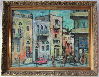 Signed JEHUDA RODIN, Original PAINTING On CANVAS, Multicolor Cityscape, Approx 37' X 29' Size, Nicely Framed