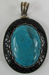 Vintage Drop PENDANT, Cultured Turquoise Blue Cabochon, Black Insert, Sterling .925 Silver Setting