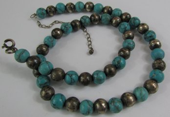 Vintage Bead NECKLACE, Turquoise Color & Sterling .925 Silver Beads, Appx 18,' Clasp Closure