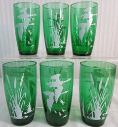 SET OF 6! Vintage ANCHOR HOCKING Brand, Flat TUMBLERS, WILD GEESE Pattern, FOREST Green Glass, Approx 5'