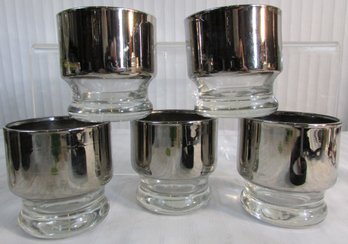 SET Of 5! Vintage Wide SILVER BAND Glasses, Whiskey Tumblers, Approx 2.75' Tall