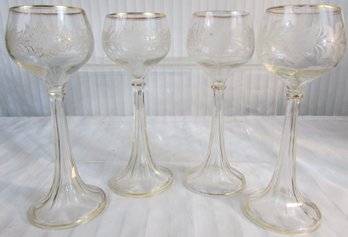SET Of 4! Vintage HOCK WINE Glasses, FLORAL Etch Design, Hollow Stem, Appx 8' Tall