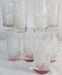 SET Of 8! Vintage MCM HIGHBALL Glasses Tumblers, Etched Floral Hibiscus Pattern, Approx 5' Tall