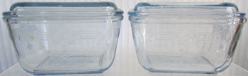 SET OF 2! Vintage FIRE KING Brand, Covered REFRIGERATOR JARS, ICE BLUE Color, Approx 5' X 4'