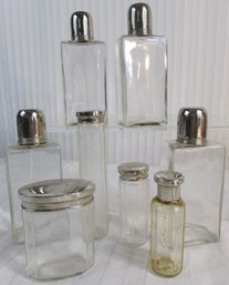 LOT Of 8! Vintage VANITY Or Apothecary Jars BOTTLES, Clear Glass, Plated Tops, Up To 7' Tall