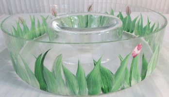 Contemporary CHIP & DIP Bowl, Hand Painted TULIP Design, Crystal Clear Glass, Oversized Approx 11' Diameter