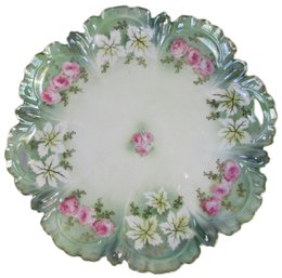 Signed RS PRUSSIA, Vintage Handled TRAY, Floral ROSES Pattern, Gold Trim, Appx 9.5' Diameter