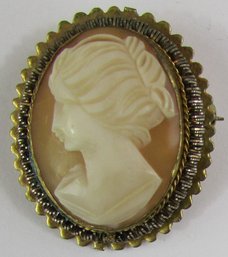 Victorian Style PORTRAIT Brooch Pin PENDANT, Carved CAMEO Insert, Gold Tone Base Metal Roped Frame