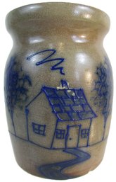 Vintage STUDIO Handcrafted Pottery, Small CROCK, Blue Decoration, Glazed,  Approx 5.5,' USA