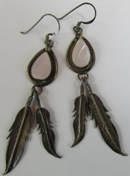 Signed Vintage PAIR Pierced EARRINGS, Dangle FEATHER Design, Pink Teardrop Inserts, Sterling .925 Silver