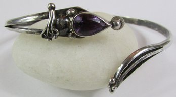 Adjustable Bangle BRACELET, Teardrop Shaped AMETHYST PURPLE Cabochon, Sterling .925 Silver