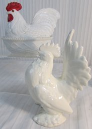 Set Of 2! Vintage ROOSTER Novelty Pieces, WESTMORELAND Hen On A Nest, Ceramic Measures Appx 8'