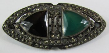 Vintage ART DECO Brooch Pin, Green & Black Triangular Stones, Marcasites, Sterling .925 Silver Setting