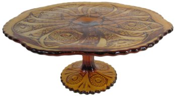 Vintage CAKE STAND Plateau, Daisy Pattern, Pedestal Base, Pressed AMBER Color Glass, Appx 10.5' Diameter