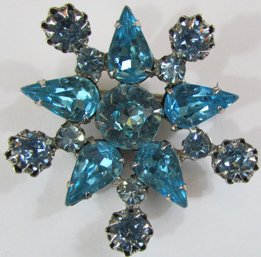 Vintage BROOCH PIN, Starburst FIREWORKS Design, Faceted Aqua Blue RHINESTONES, Silver Tone Base Metal