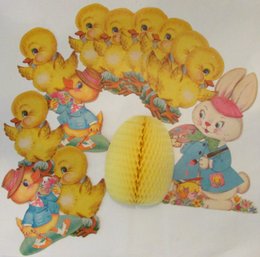 Lot Of 12pcs! Vintage Holiday Easter DECORATIONS, Bunny Rabbits & Chicks, Card Stock Cardboard