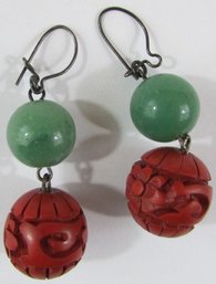 Vintage PAIR Pierced EARRINGS, Dangle Jade Green & Cinnabar Red Bead Design, Silver Tone Base Metal