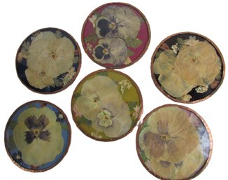 SET Of 6! Vintage DRINK COASTERS, Hand Made With Genuine PANSY Flowers, Copper Trim, Made In CANADA