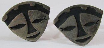 Vintage CUFF LINKS, TRIANGULAR Shape, Whimsical Face Design, Sterling .925 Silver, Made In MEXICO