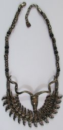 Vintage UNO 50 Necklace, Statement BULL Design, Silver Tone Base Metal, Clasp Closure