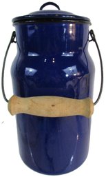 Vintage MILK JUG With LID, COBALY Blue Enamelware, Metal Base, Wooden Handle, Large 11' Tall