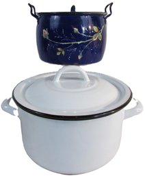 Set Of 2! Vintage COOK POTS With LIDS, Enamelware IN COBALT BLUE & , Metal Base, Approx 9' Diameter & 6' High