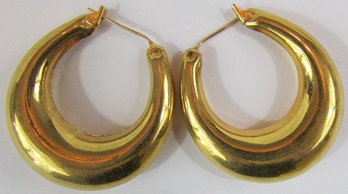 Signed MONET, Pair Pierced EARRINGS, Puffed Shrimp HOOP Design, Gold Tone Base Metal Construction