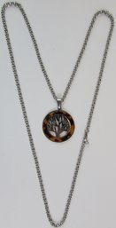 Contemporary Chain Necklace, TREE Of LIFE Design, Faux Tortoise Shell, Polished Stainless Steel, Clasp Closure