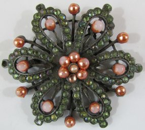 Vintage BROOCH PIN, Snowflake Design, Faux Pearls & RHINESTONES, Base Metal Construction