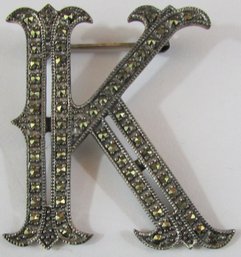 Signed VINTAGE, Initial BROOCH PIN, Initial 'K,' Faceted Marcasite Stones, Sterling .925 Silver