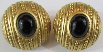 Vintage Clip Earrings, Synthetic Black Cabochon Inserts, Textured DOMED Design, Gold Tone Base Metal