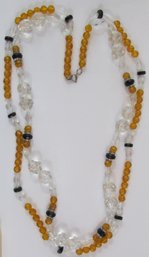 Vintage Double Strand Necklace, Amber & Crystal Color BEADS, Clasp Closure