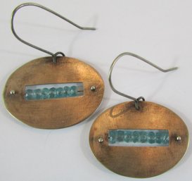 Contemporary PAIR Pierced DANGLE Earrings, Oval Shape With Aqua Beads, Silver Tone Base Metal, Loop Backings