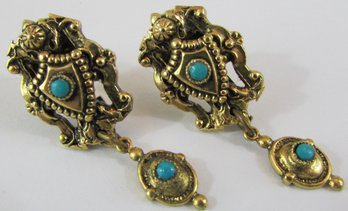 Pair Pierced EARRINGS, Elaborate COAT Of ARMS Design, Gold Tone Base Metal Construction