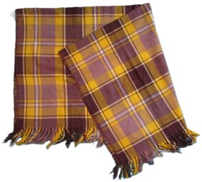 Vintage BUGGY BLANKET, Plum Purple & Golden Yellow PLAID Design, Wool Content, Fringe, Appx 51'