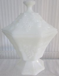 Vintage COVERED CANDY DISH, White Milk Glass, GRAPES Pattern, Pedestal Base, Appx 8' Tall