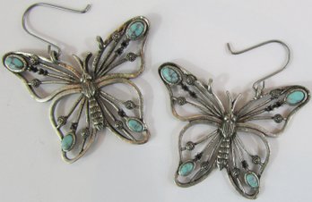 Contemporary PAIR Pierced DANGLE Earrings,  Filigree BUTTERFLY Design, Faux Turquoise, Silver Tone Base Metal