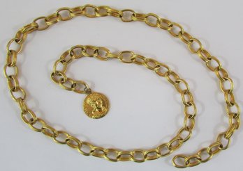 Vintage Chunky CHAIN BELT, Faux Coin Design, Fashion Basic, Gold Tone Base Metal Construction, Hook Fastener