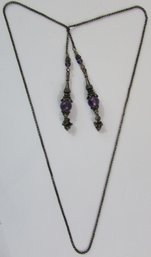 Contemporary LARIAT Necklace, PURPLE  Beads On Box Style Chain, Approx 25' Length, Silver Tone Base Metal