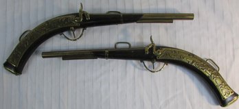 Pair Vintage WALL ART, Faux Long Barrel PISTOLS, Wood With Brass Tone Fittings, Made In ENGLAND, Approx 19'