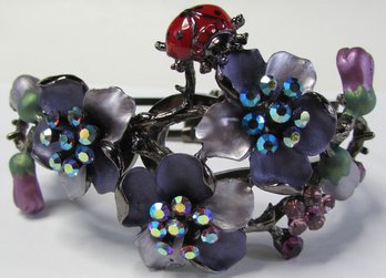 Hinged BRACELET, Contemporary LADYBUG Design, Faceted IRIDESCEN Rhinestones, Antiqued Base Metal Construction