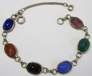 Vintage Link Bracelet, Multicolor SCARAB Shape Cabochons, Base Metal Setting, Functional Clasp, Guard Chain