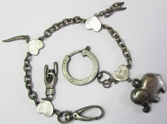 Contemporary Chain NECKLACE, Goth Style Charm Pendants, Handcuff Lanyard Style, Pewter Tone Base Metal Setting