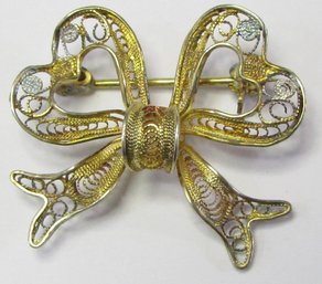 Vintage BROOCH PIN, Filigree BOW Design, .800 Silver Construction