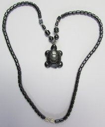 Vintage Single Strand NECKLACE, Drop TURTLE Pendant, Black HEMATITE Gemstone, Barrel Screw Closure